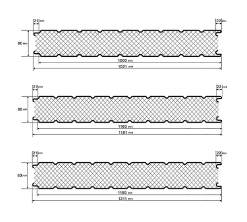 Нержавеющие сэндвич панели стеновые с пенополиуретаном, ширина 1000 мм, толщина 80 мм, 0.5/0.5, AISI 304
